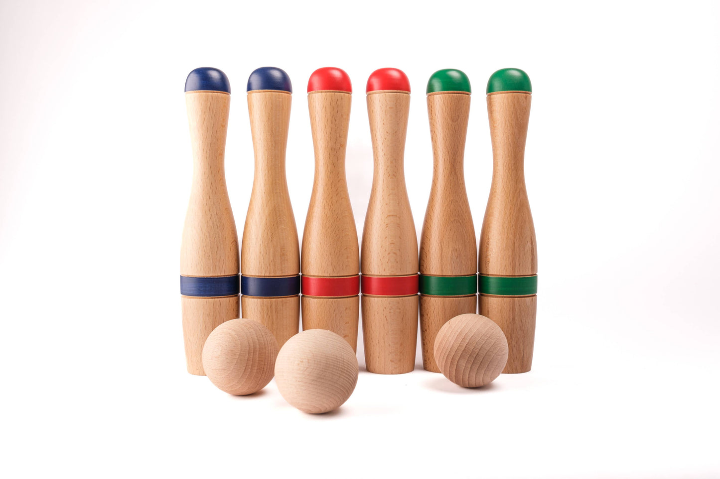 Klassisches Holz-Bowling-Set – 6 Kegel (24 cm) & Stoffbeutel | Handbemalt