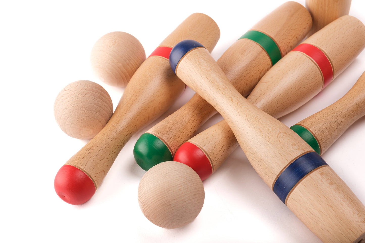 Klassisches Holz-Bowling-Set – 6 Kegel (24 cm) & Stoffbeutel | Handbemalt